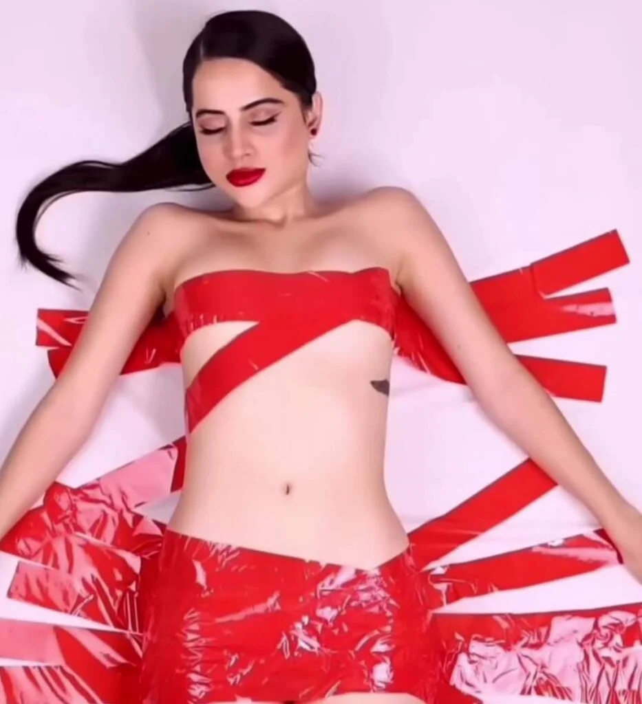 This time Urfi Javed makes her dress using red tape. Netizens go mad.